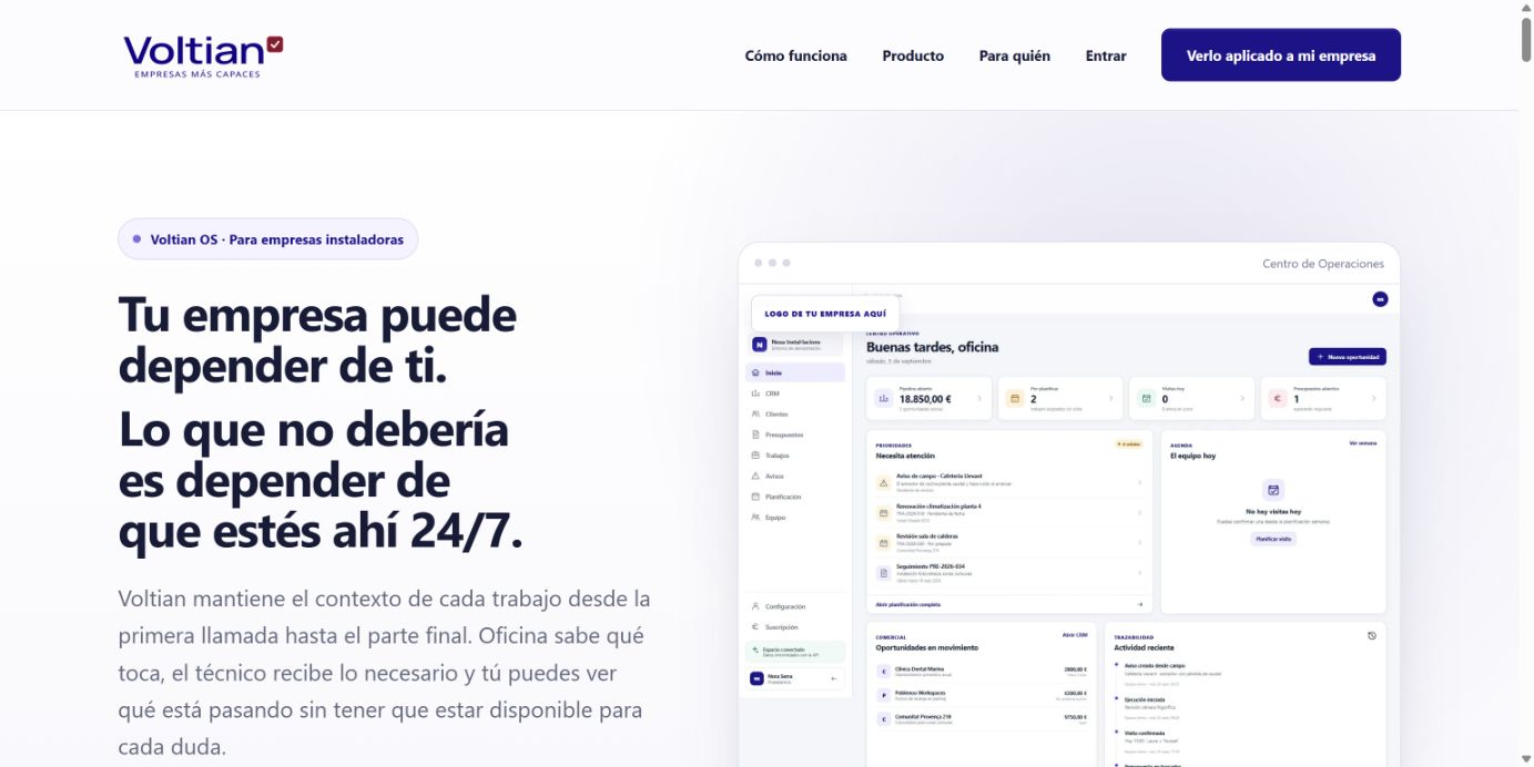 Captura real de la cabecera de Voltian: Tu empresa puede depender de ti. Lo que no debería es depender de que estés ahí 24/7.